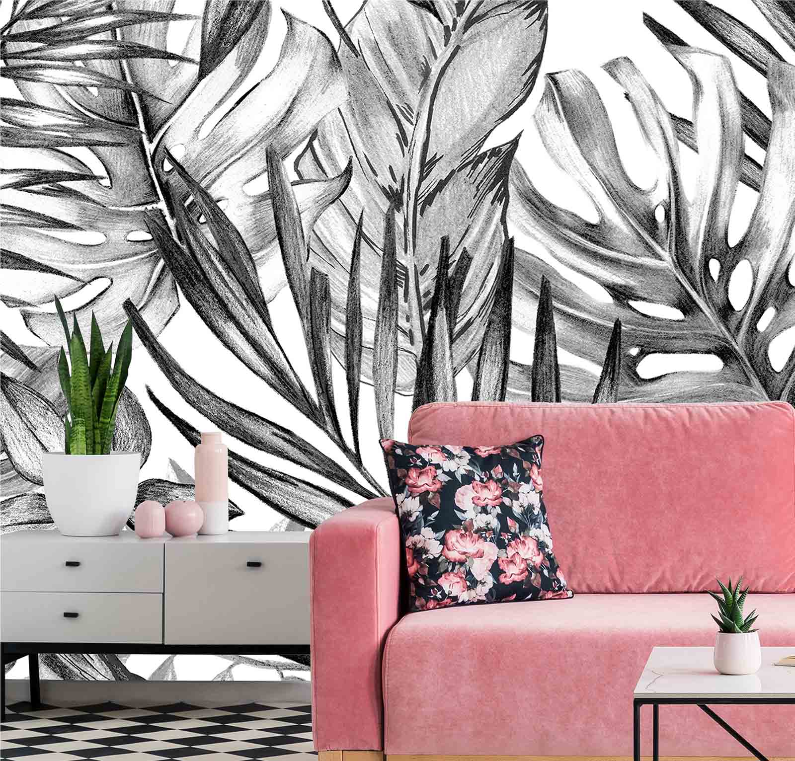 Wallpaper Mural Tropical Plants in Black and White | Muralunique