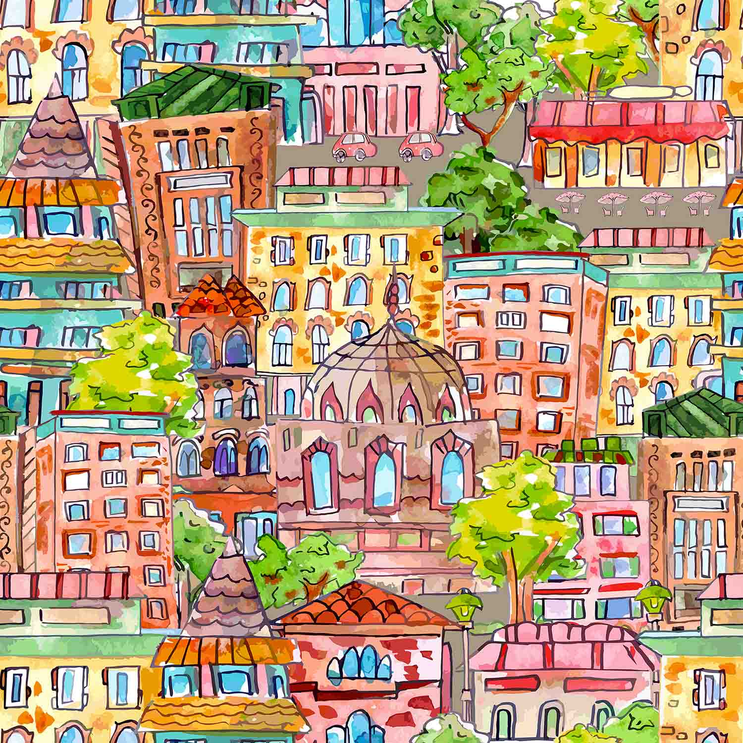 Wallpaper Mural Watercolor Cityscape | Muralunique