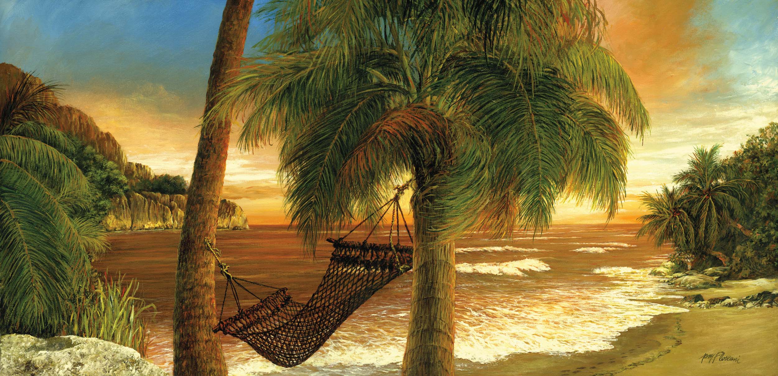 Toile la Fresque toile plage tropicale palme coucher de soleil 3fx2467o1