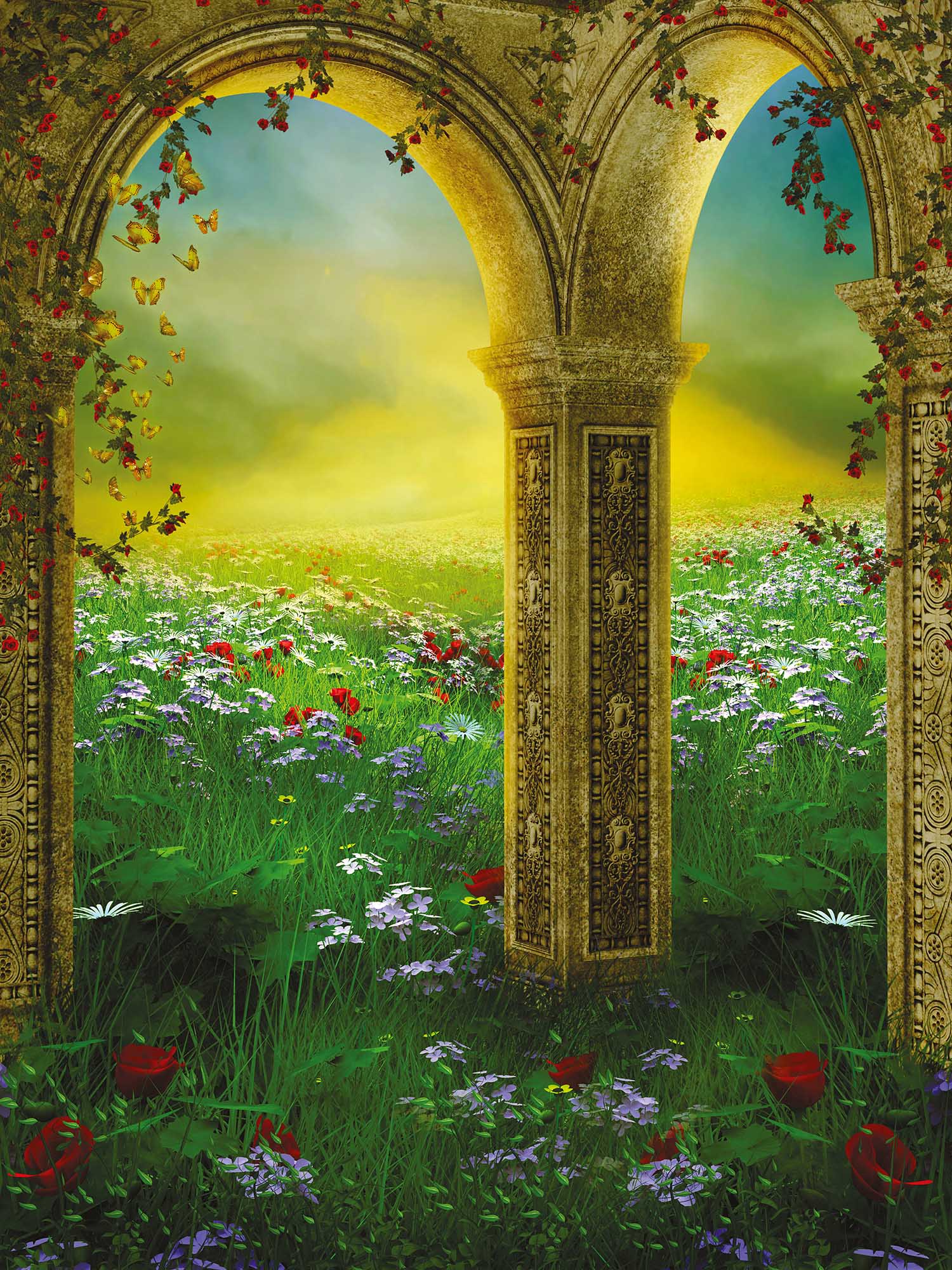 Murale En Papier Peint Paysage D Ete Avec Des Arches Et Des Roses Muralunique