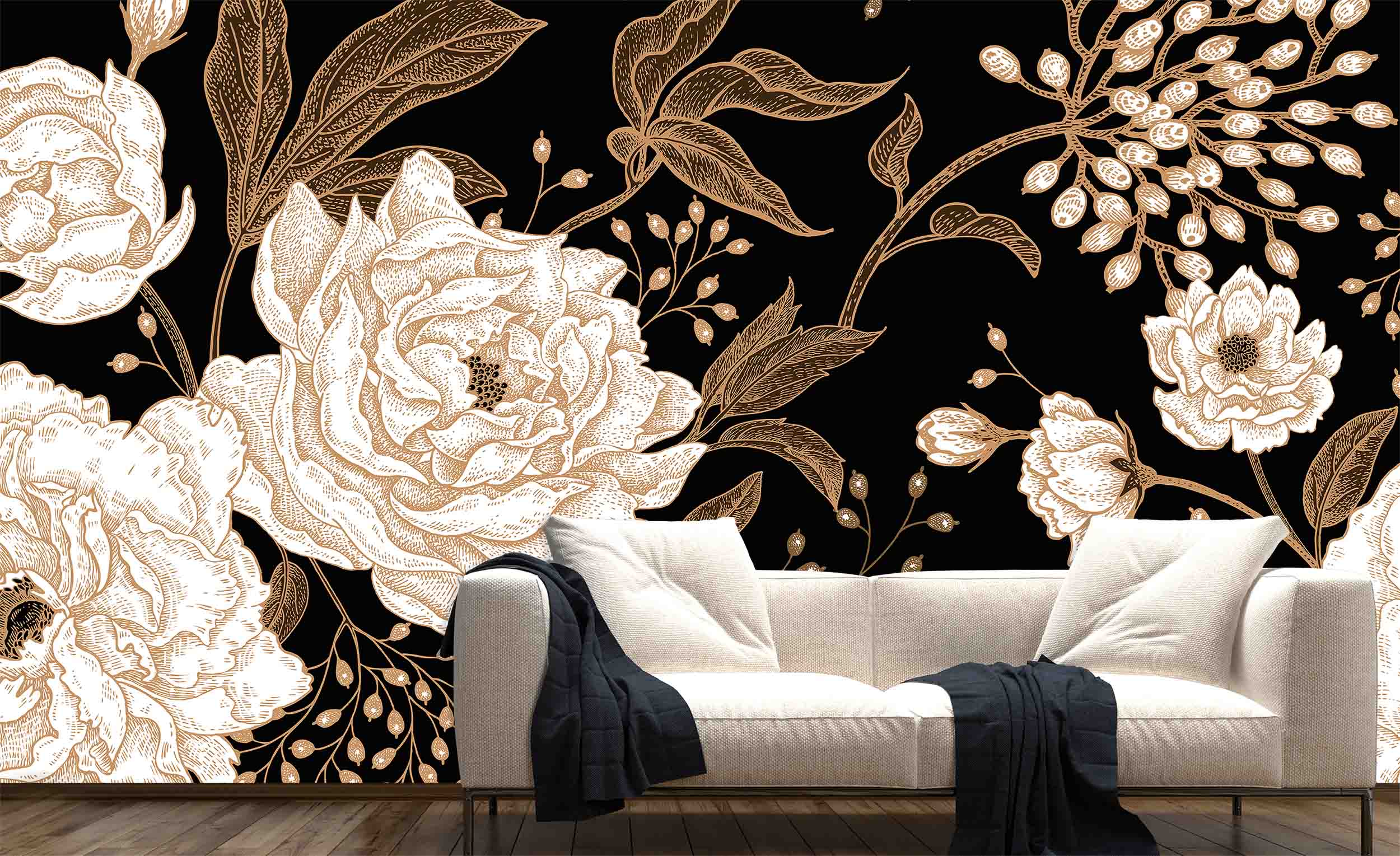 Wallpaper Mural Big Flowers on Black Background | Muralunique