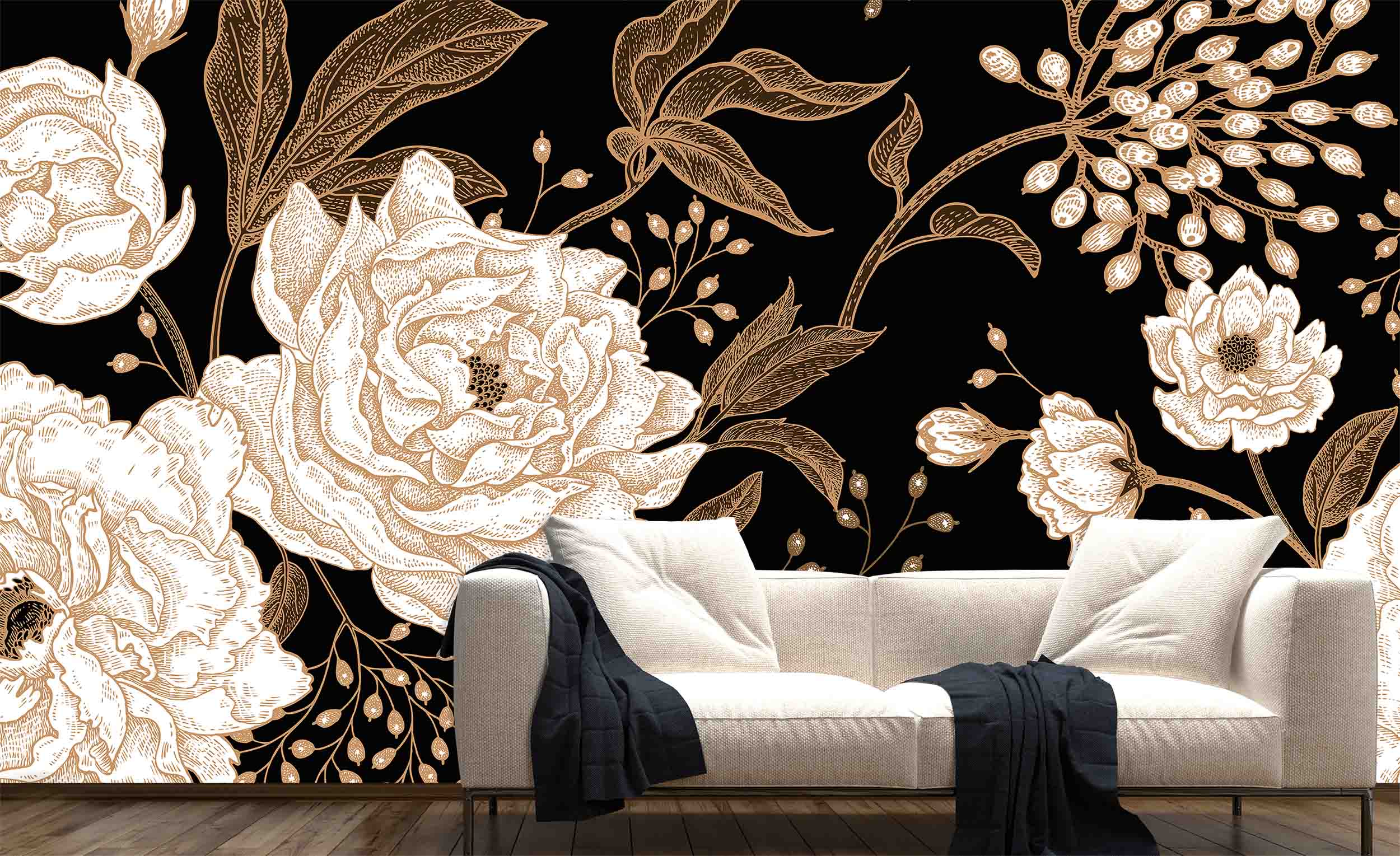 Wallpaper Mural Big Flowers on Black Background | Muralunique Wallpaper Mural Big Flowers on Black Background | Muralunique