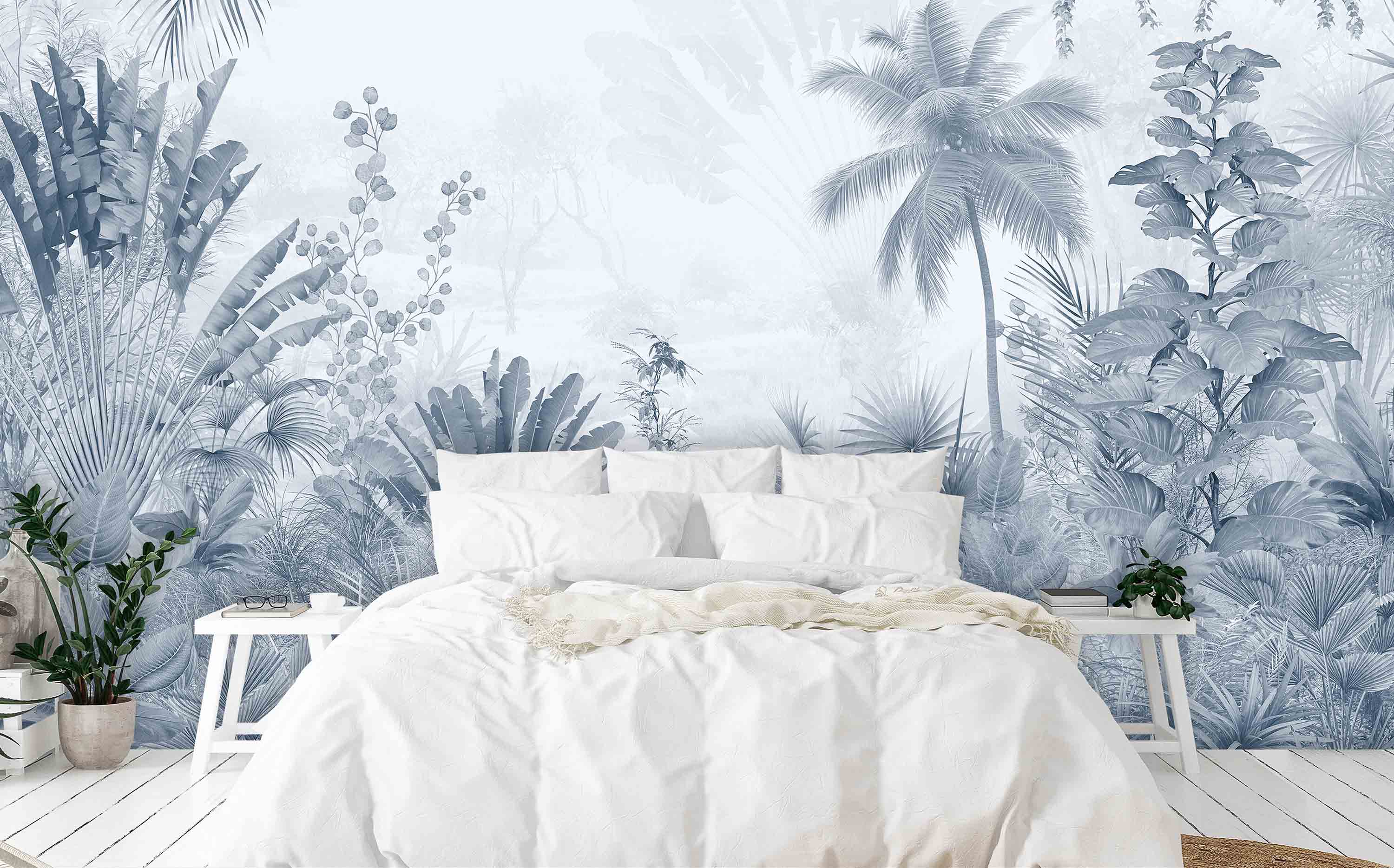 Wallpaper Mural Tropical Jungle with Texture in Blue Color | Muralunique