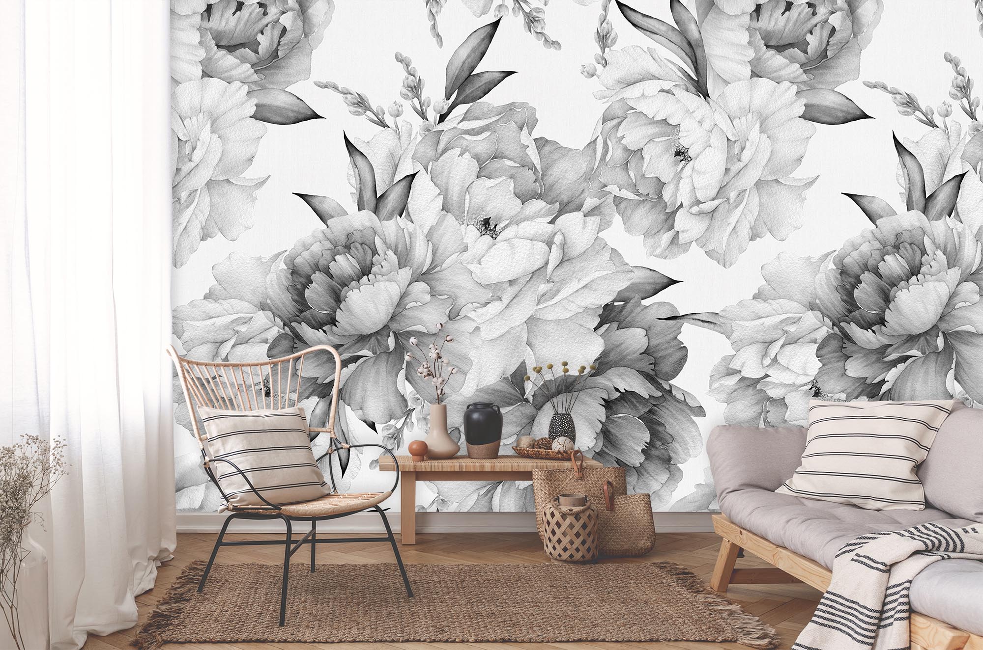 Black And White Peonies Flowers Floral Wallpaper