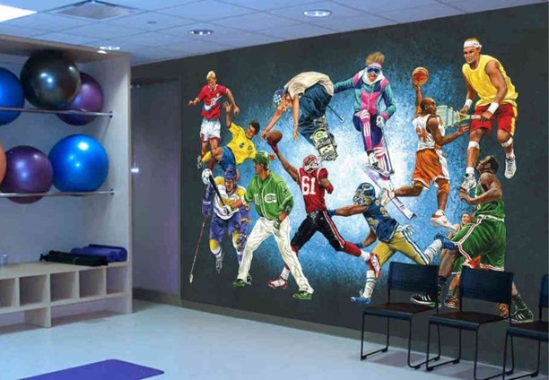 basement wall mural of sports