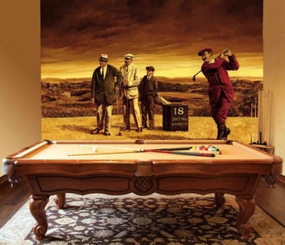 basement wall mural of golfers